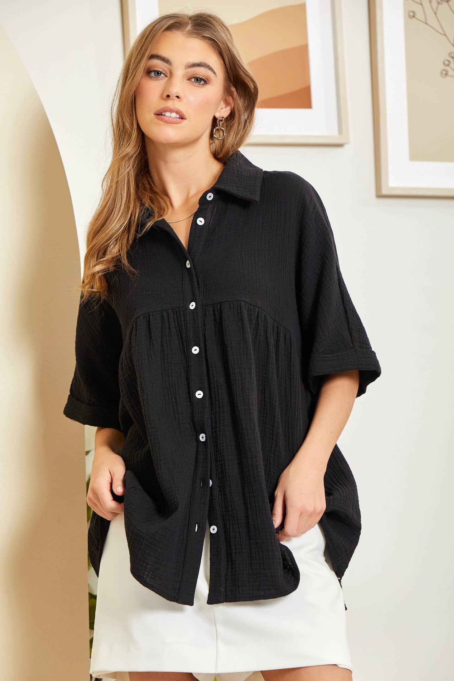 Taupe Button Down Baby Doll Top With Dolman Sleeves