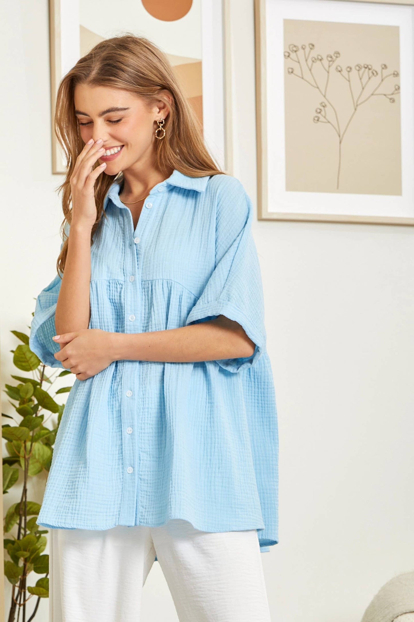 Taupe Button Down Baby Doll Top With Dolman Sleeves