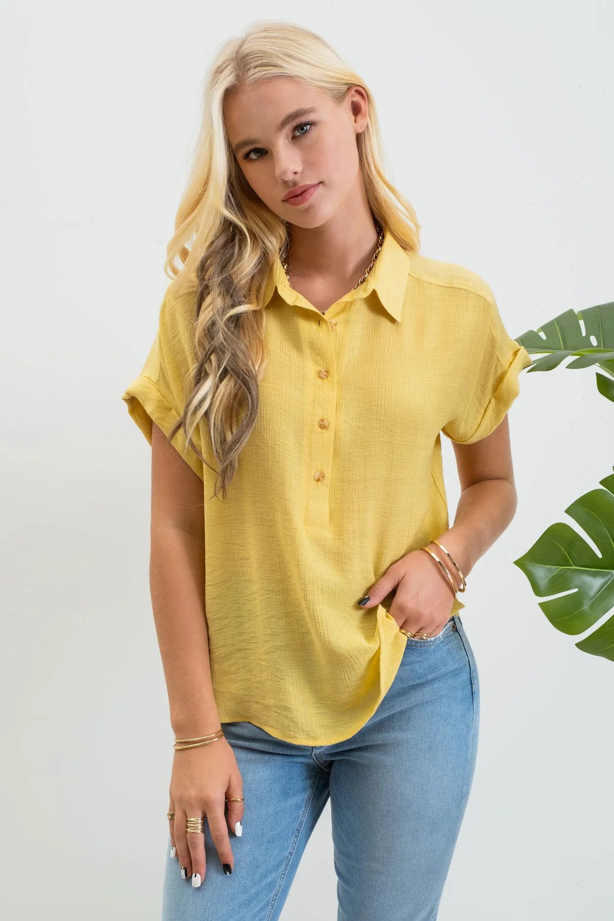 Dusty Yellow Mid Button Top