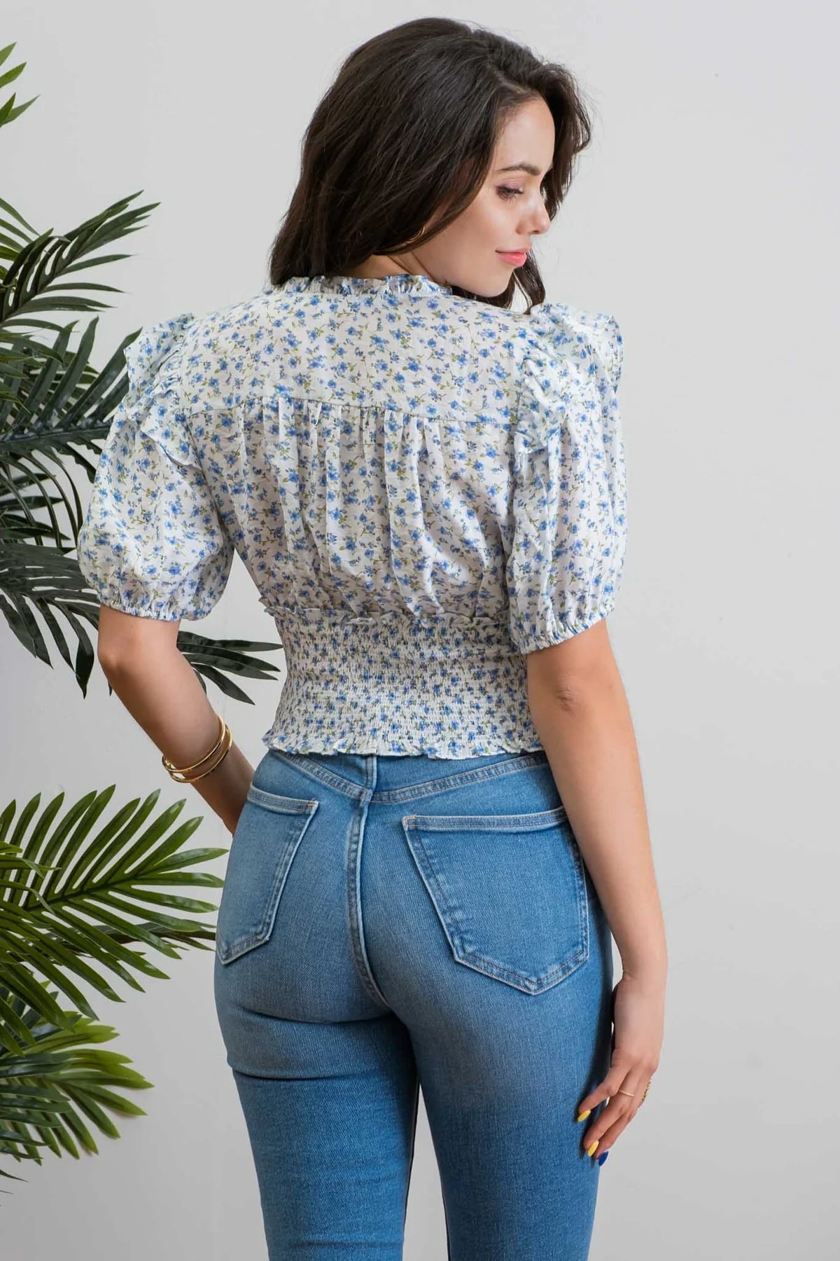 Blue Print Smocked Waist Top