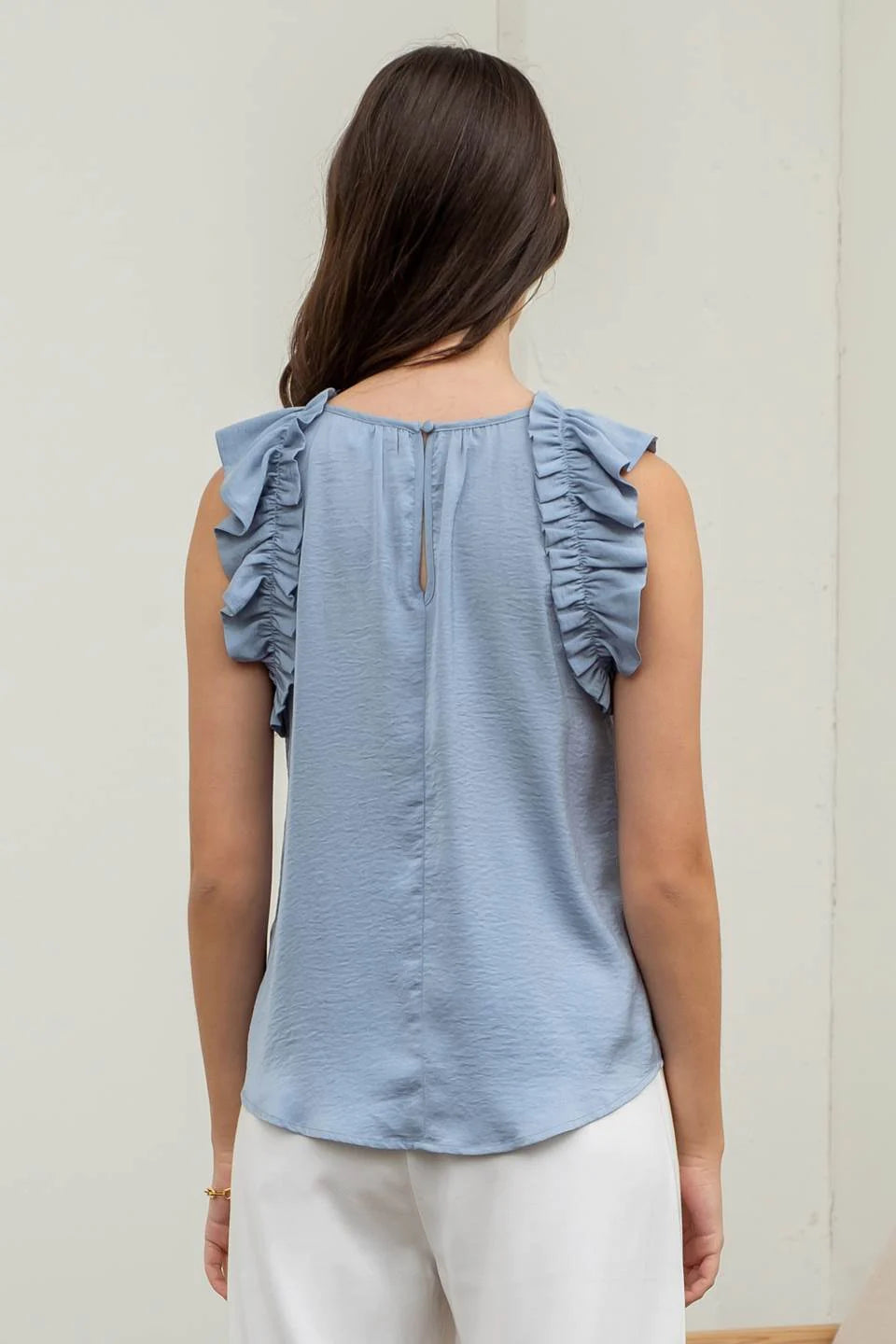 Dusty Blue Ruffle Trim Top