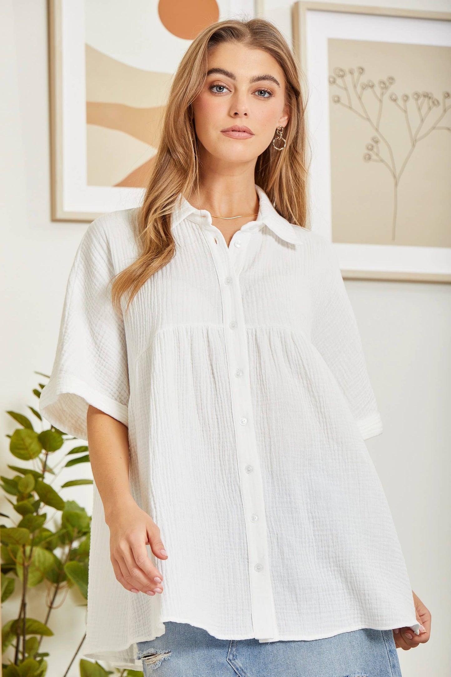 Taupe Button Down Baby Doll Top With Dolman Sleeves