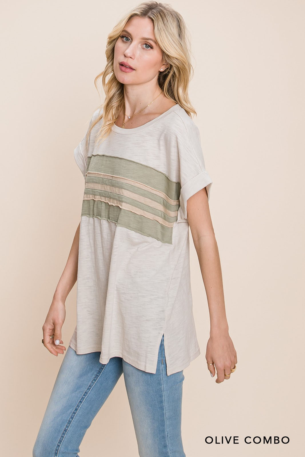 Cream/Olive Knit Color Block Top