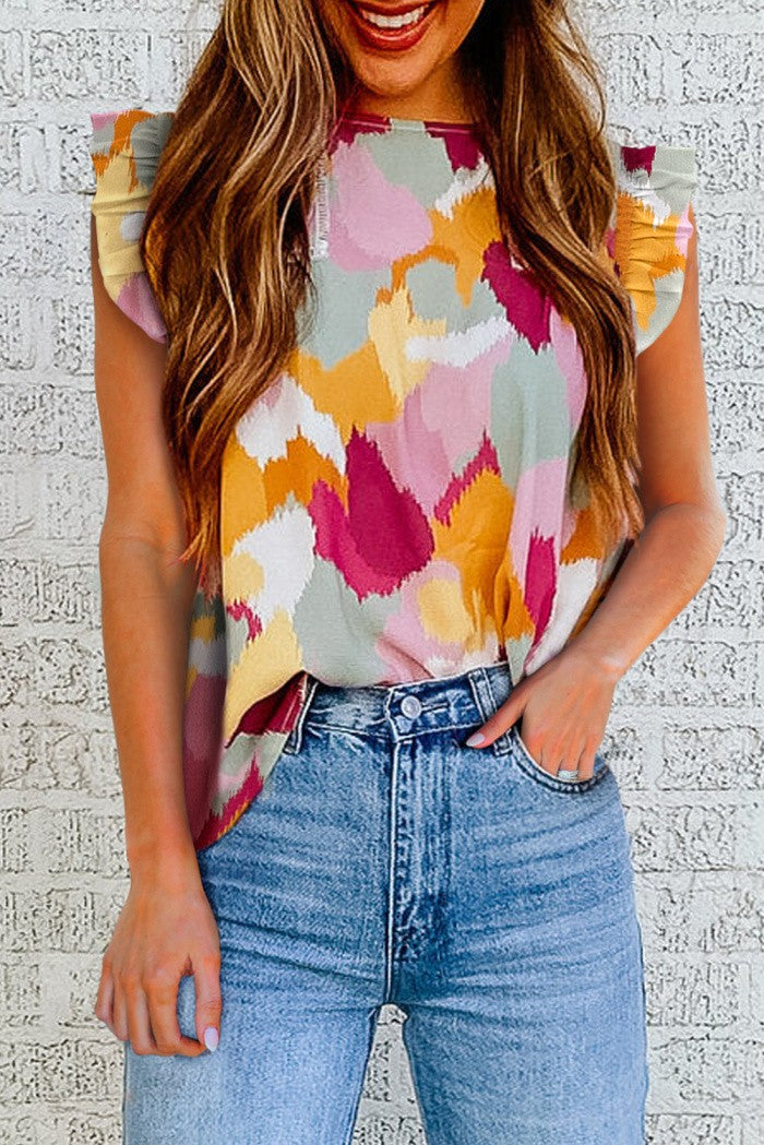 Multicolor Abstract Ruffled Top