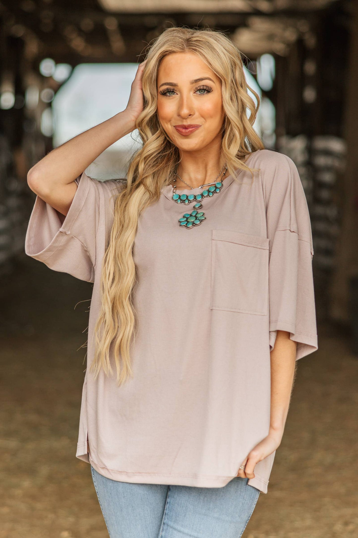 Mint Ribbed Relaxed Boyfriend Shirt w/ Pocket Detail