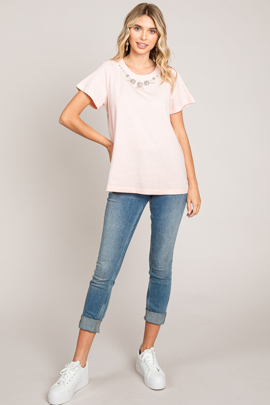 Blush Knit Top W/ Hand Sewn Bead Detail
