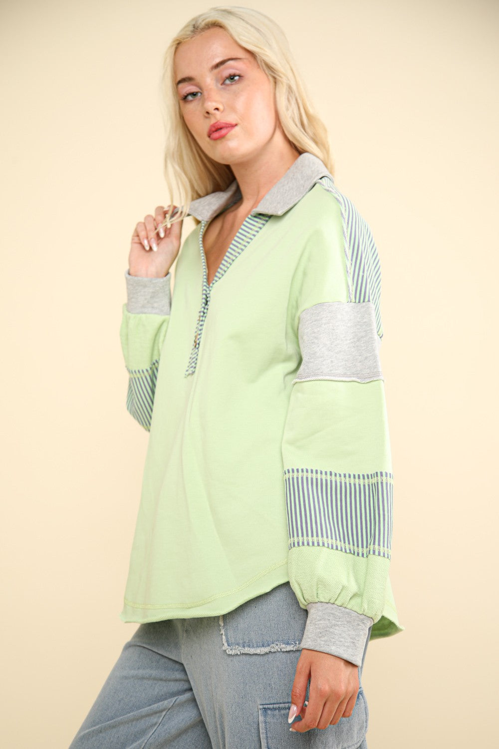 Apple Green Color Block  Knit Top