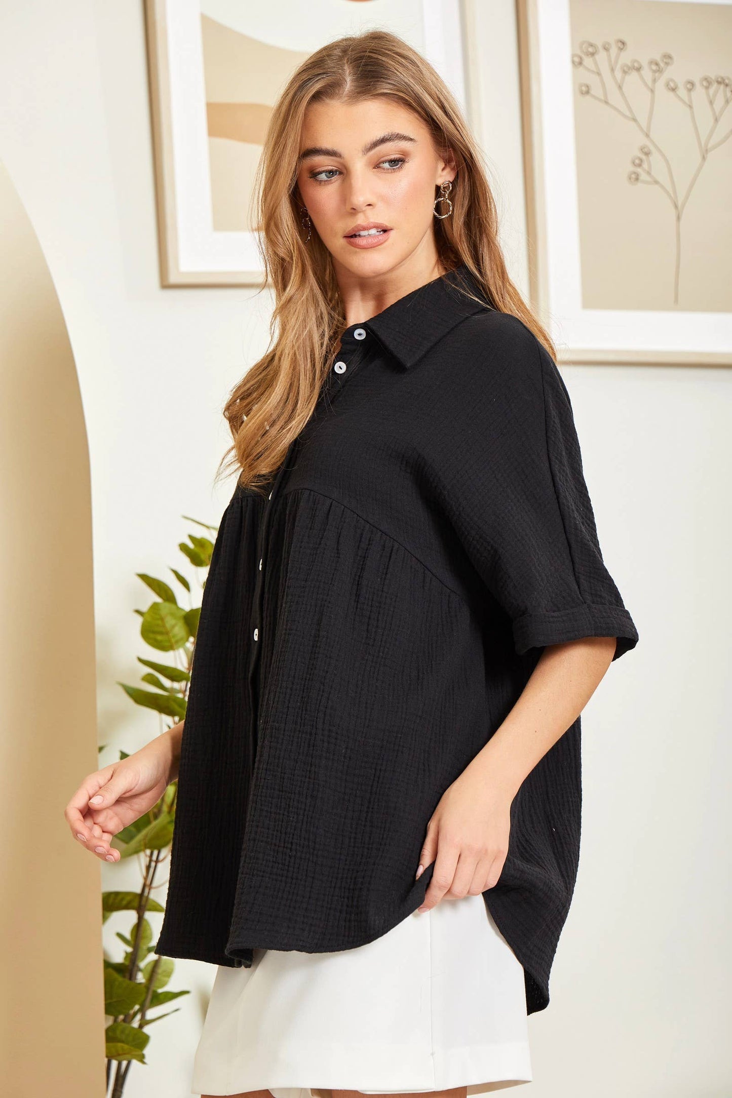 Taupe Button Down Baby Doll Top With Dolman Sleeves