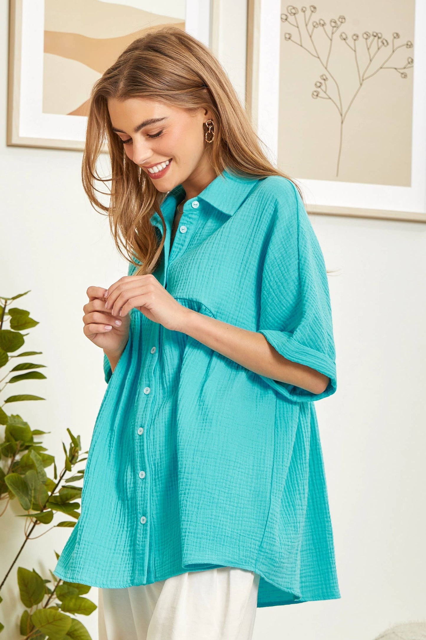 Taupe Button Down Baby Doll Top With Dolman Sleeves