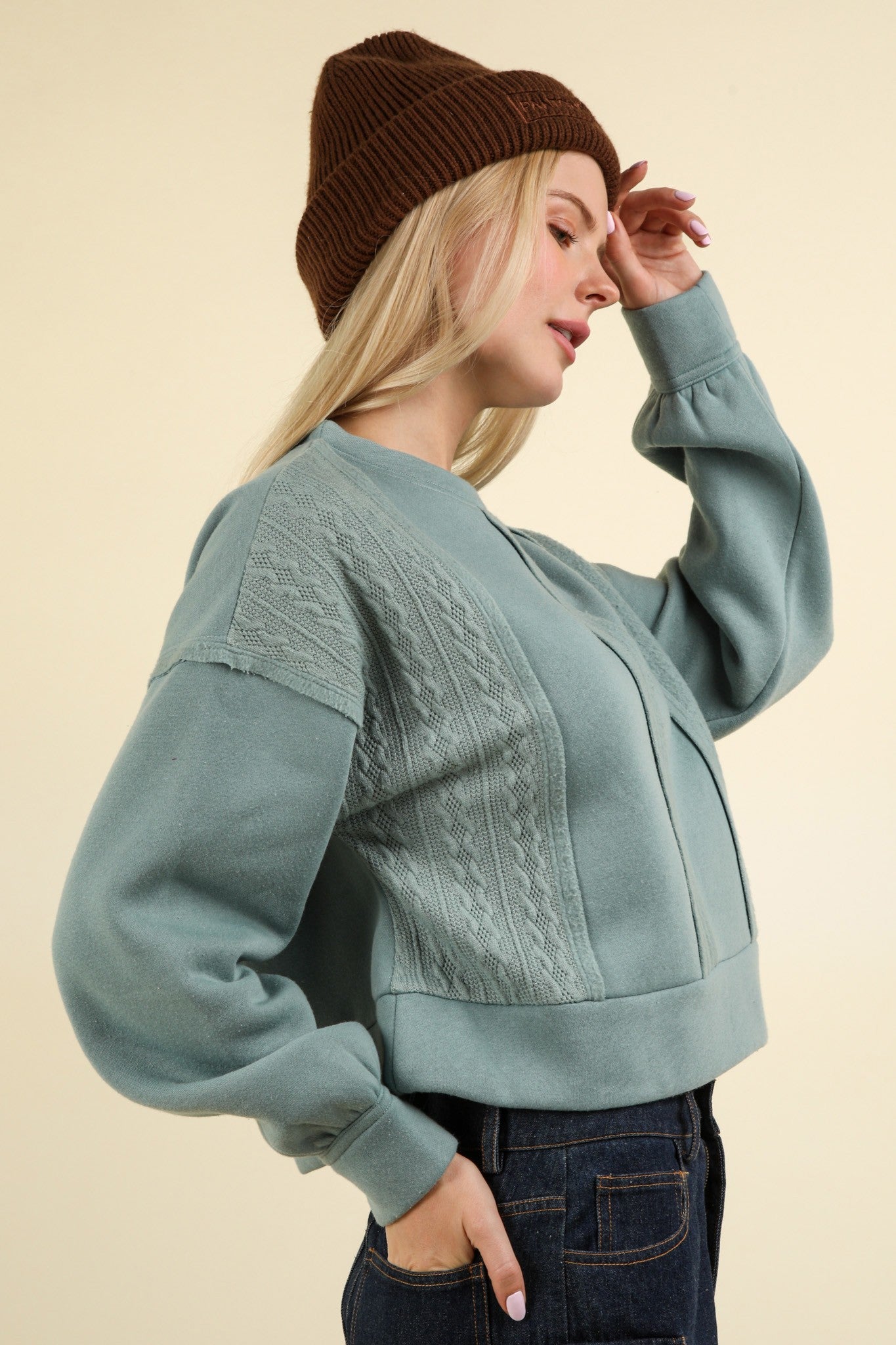 Sage Cable Contrast Crop Top