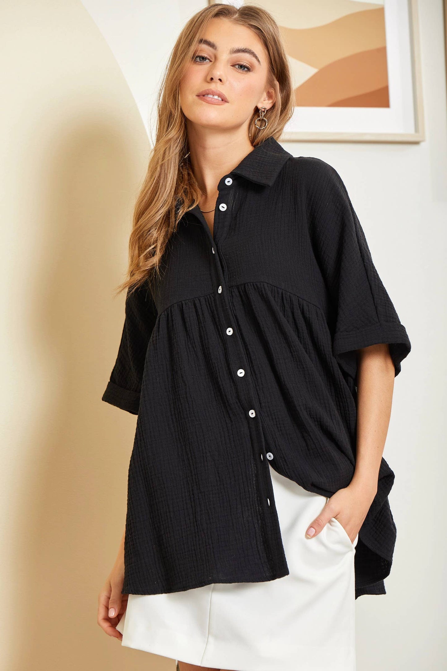 Taupe Button Down Baby Doll Top With Dolman Sleeves