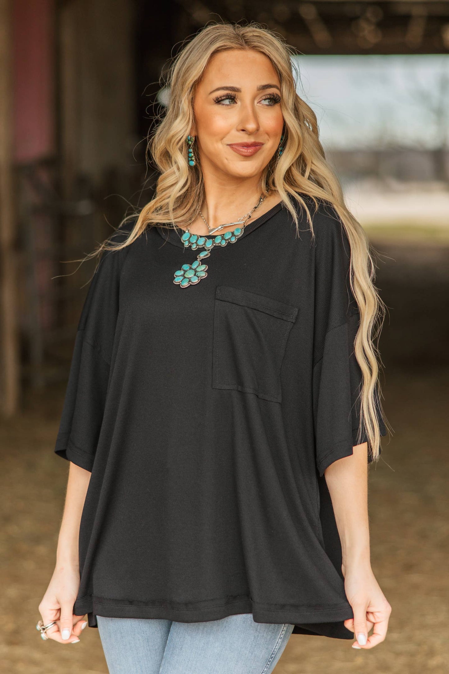 Mint Ribbed Relaxed Boyfriend Shirt w/ Pocket Detail