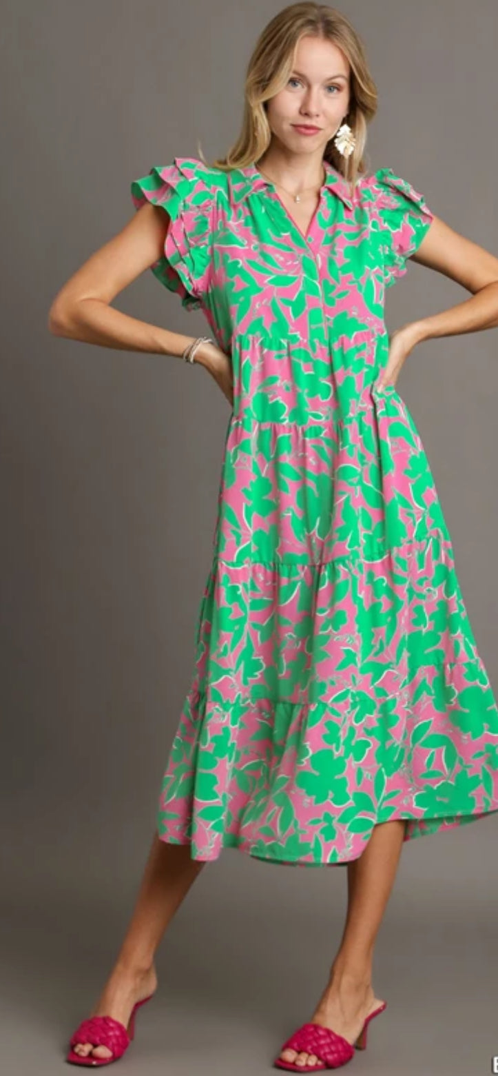 Emerald & Pink Midi Dress