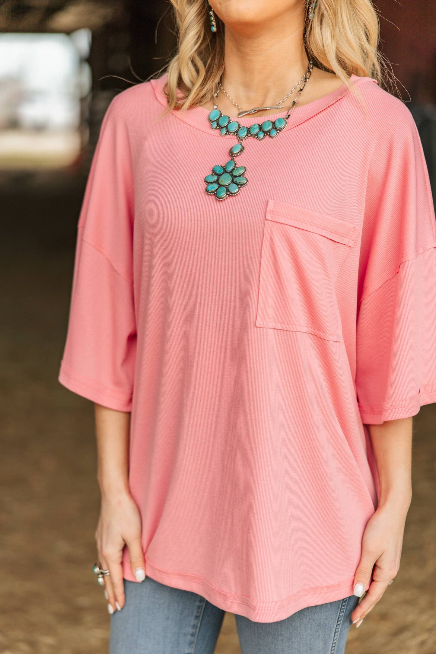 Mint Ribbed Relaxed Boyfriend Shirt w/ Pocket Detail
