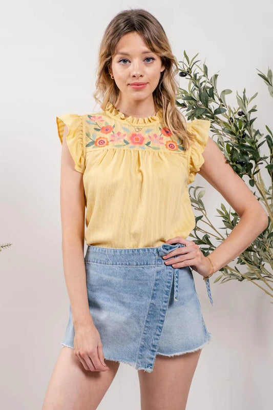 Dusty Yellow Floral Embroidery Top