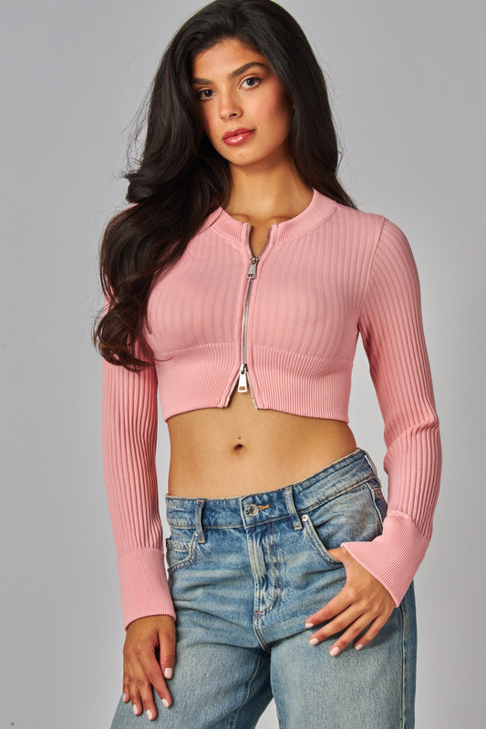 Pink Ribbed Crop Jacket