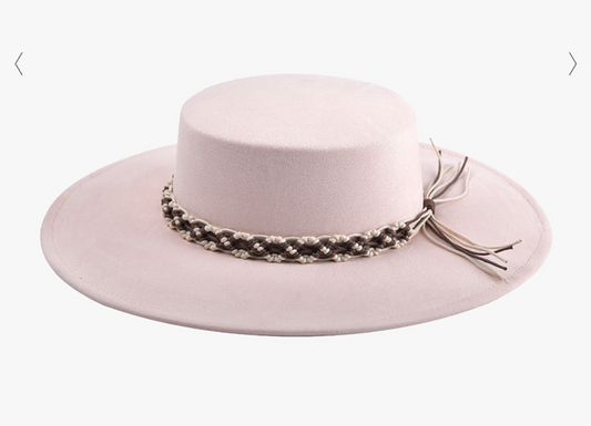 Blush Faux Suede Boater Hat w/ Macrame Band