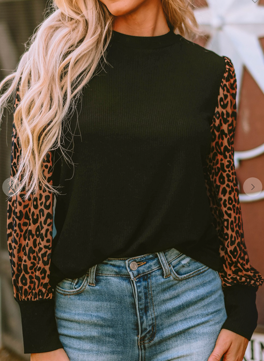 Black Leopard Print Long Sleeve Ribbed Knit Blouse