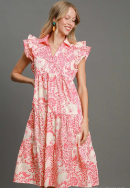 Coral Two Tone Collared Midi Dress