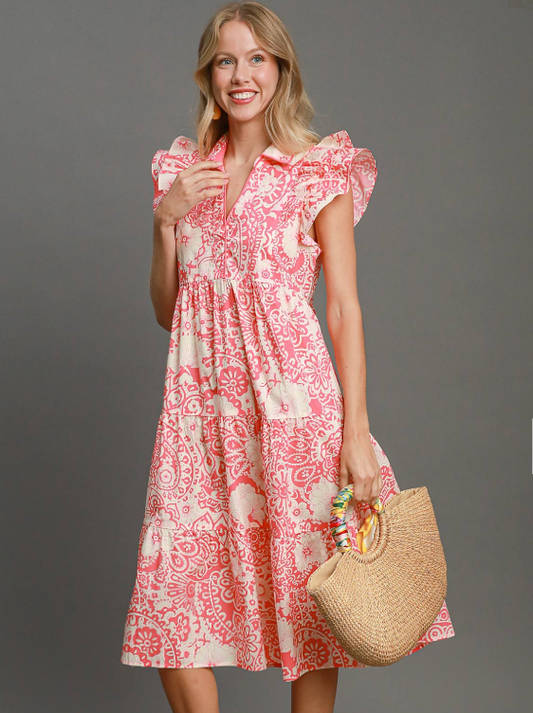 Coral Two Tone Collared Midi Dress