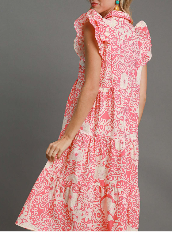 Coral Two Tone Collared Midi Dress