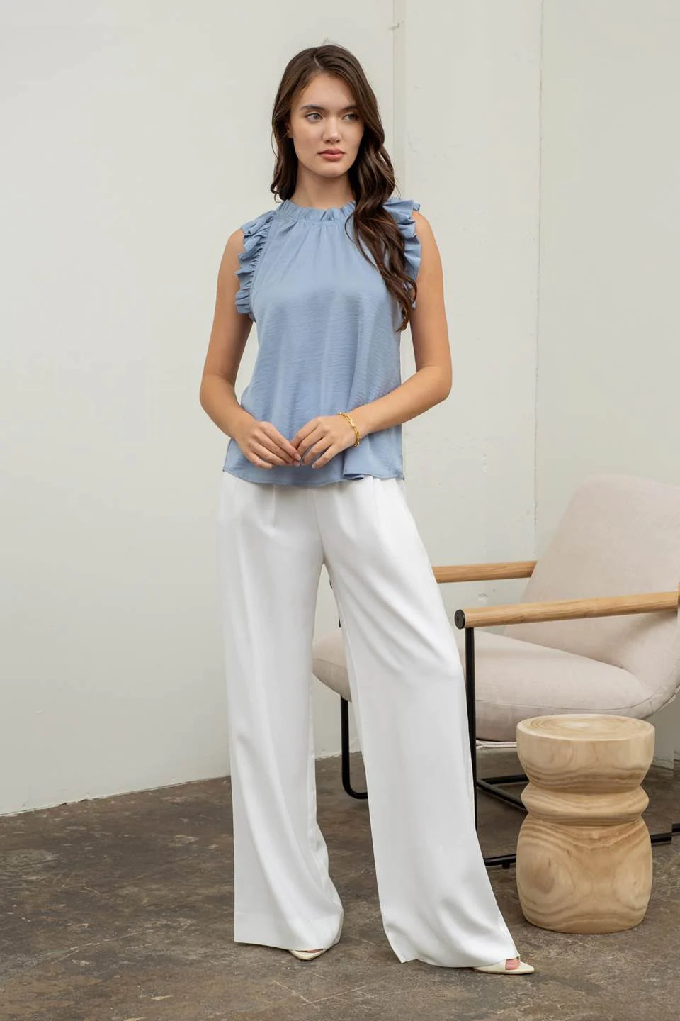 Dusty Blue Ruffle Trim Top