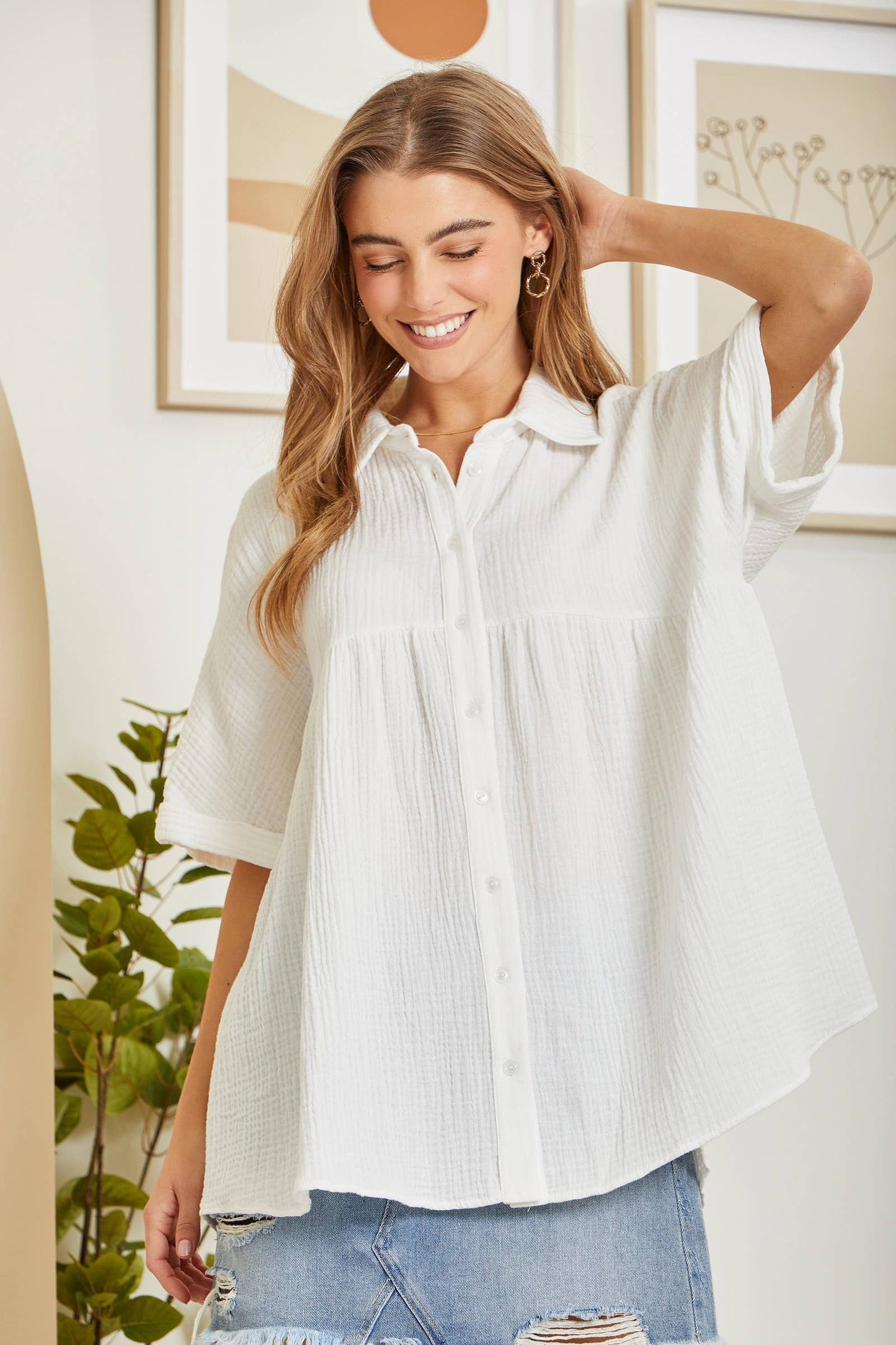 Taupe Button Down Baby Doll Top With Dolman Sleeves