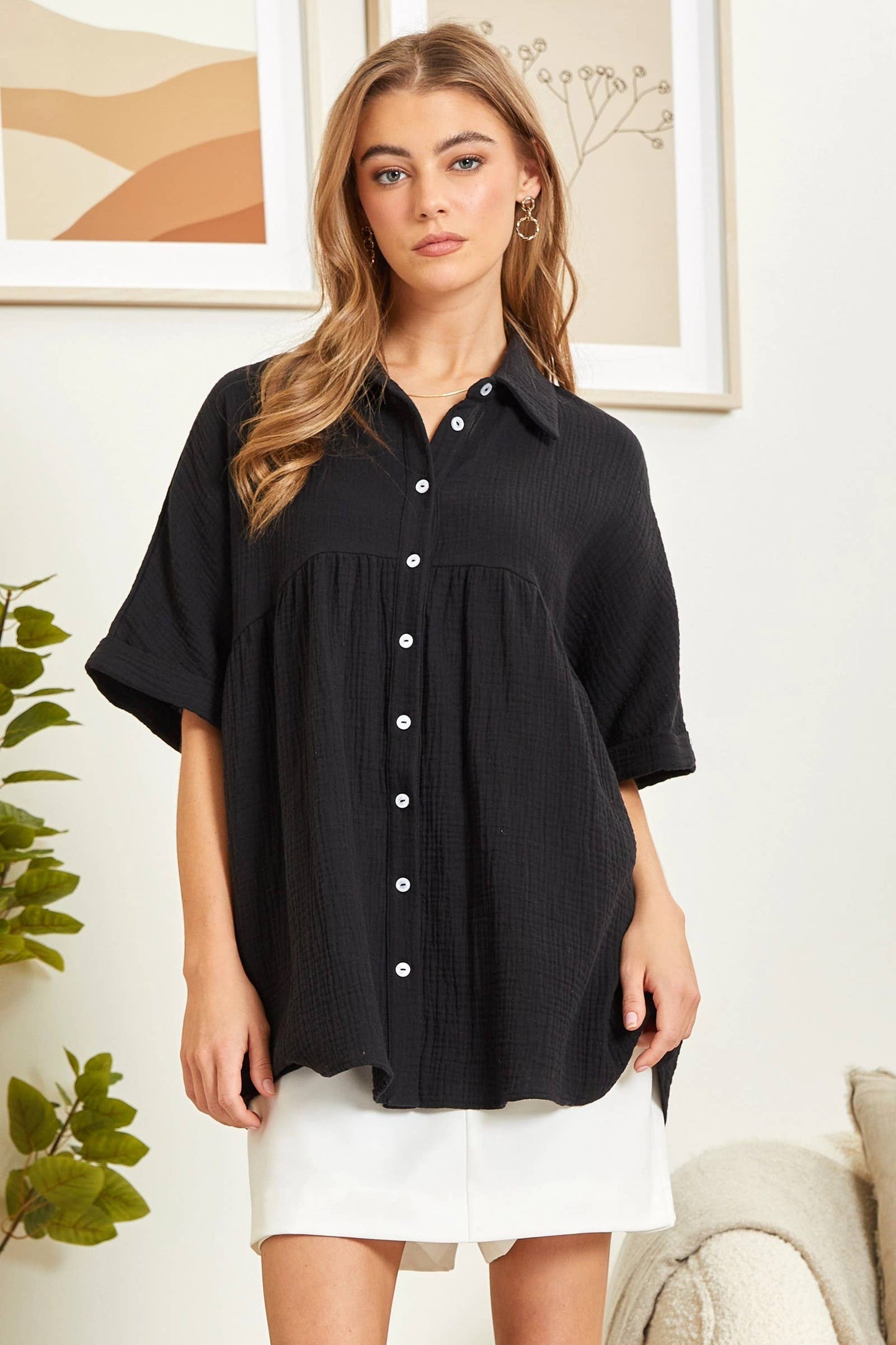 Taupe Button Down Baby Doll Top With Dolman Sleeves