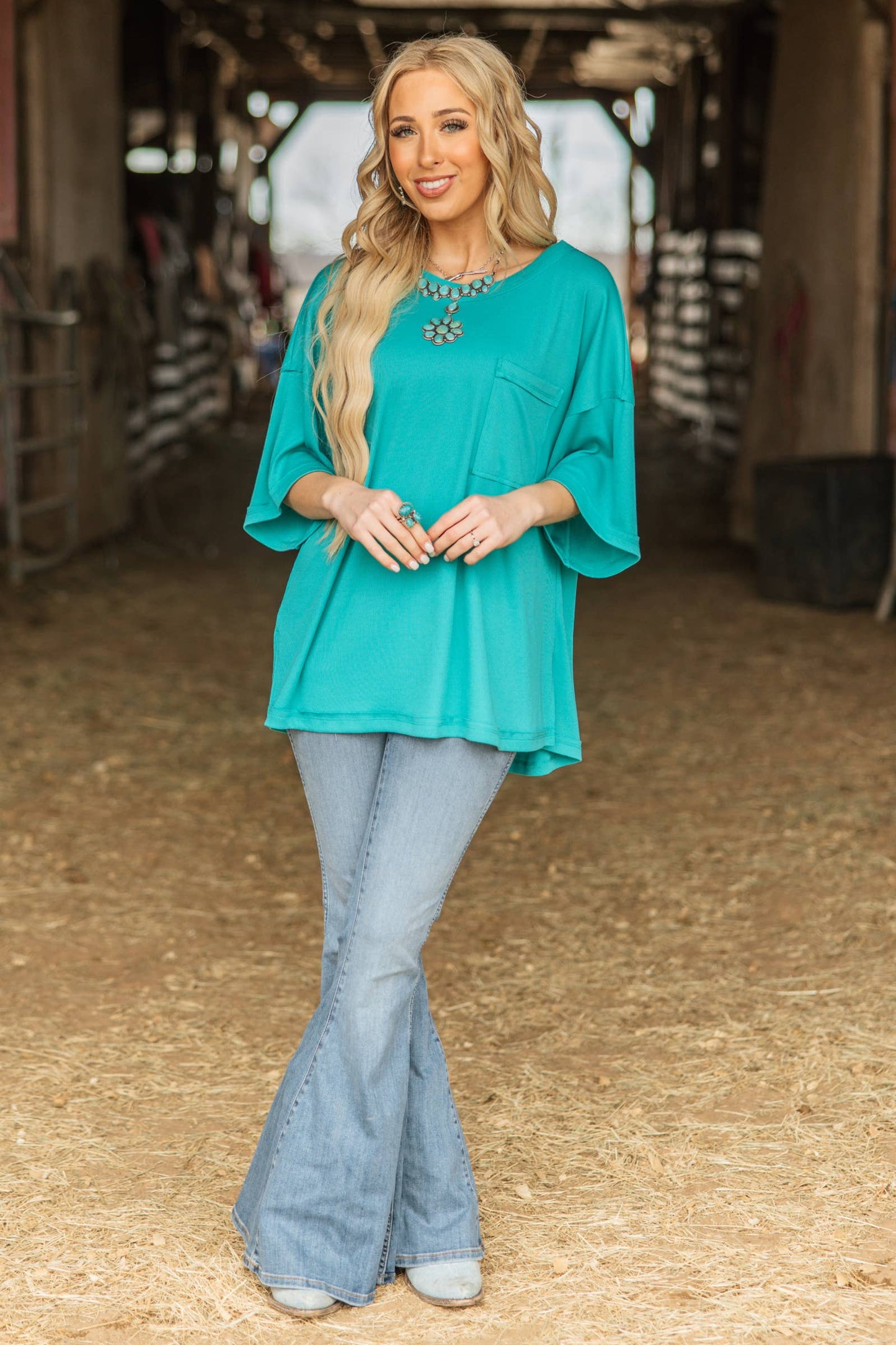 Mint Ribbed Relaxed Boyfriend Shirt w/ Pocket Detail