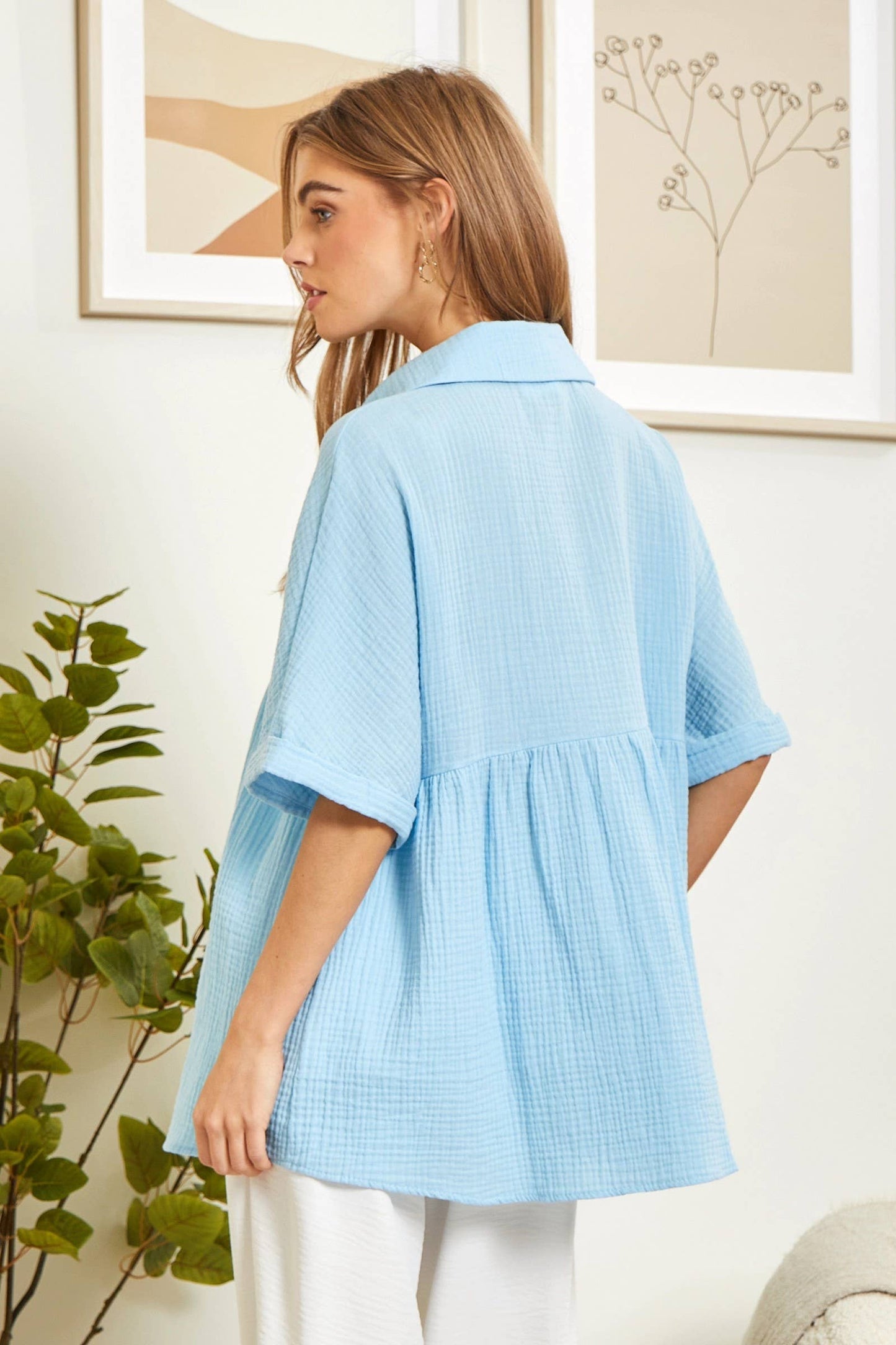 Taupe Button Down Baby Doll Top With Dolman Sleeves