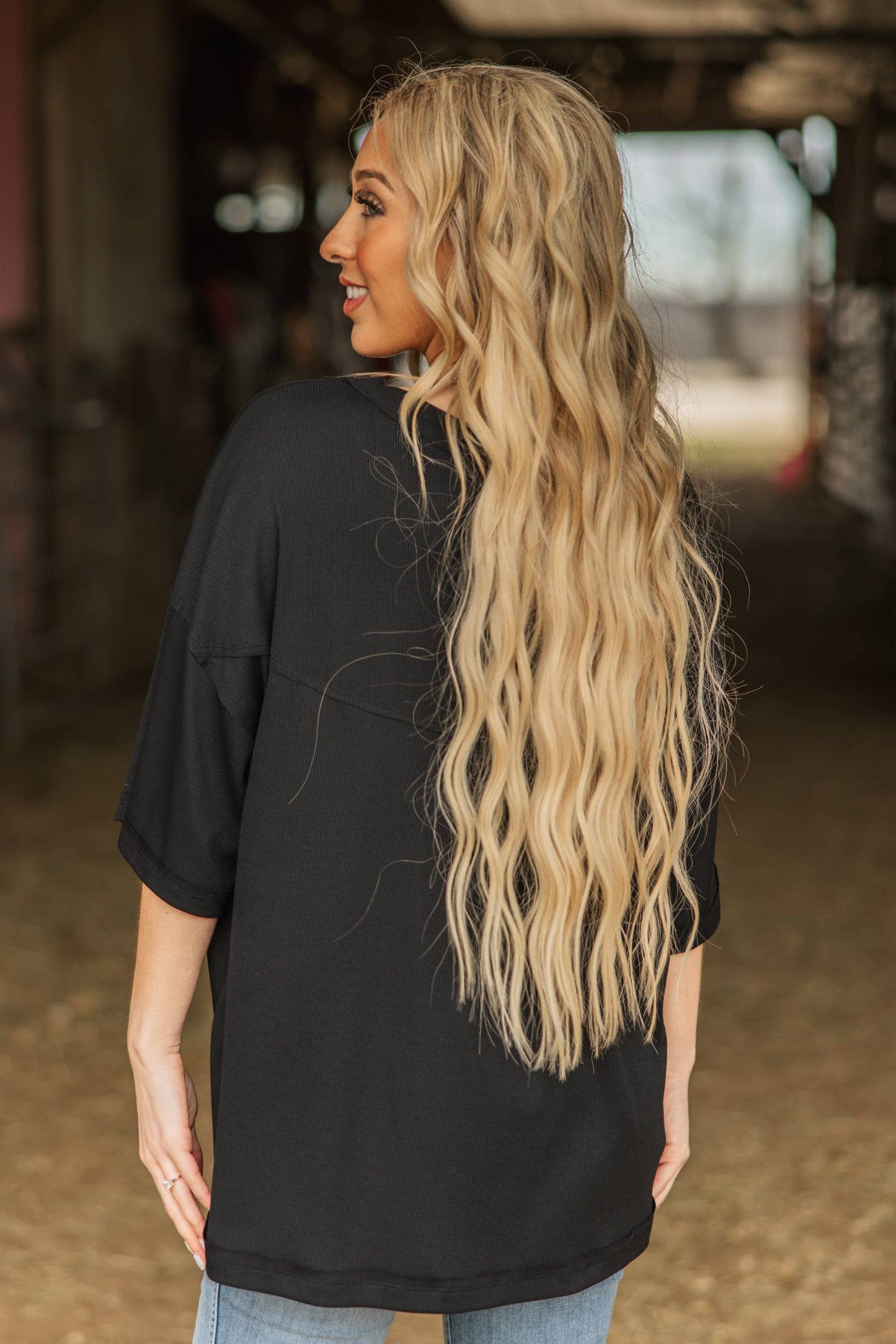 Mint Ribbed Relaxed Boyfriend Shirt w/ Pocket Detail