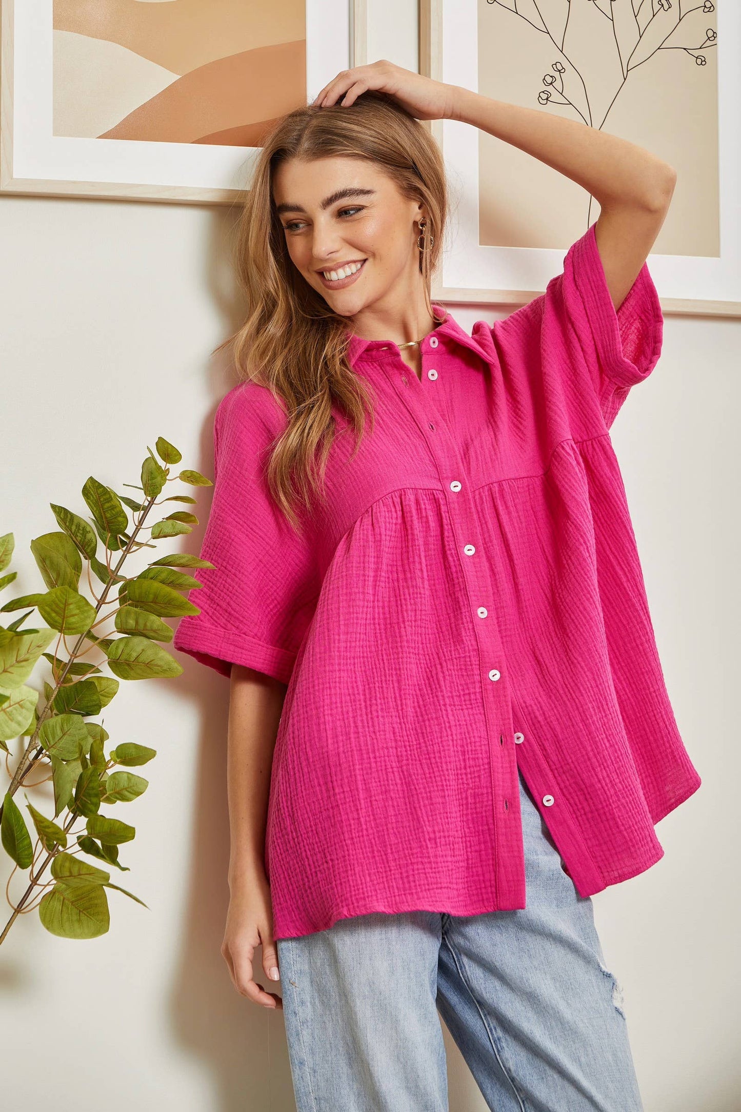 Taupe Button Down Baby Doll Top With Dolman Sleeves