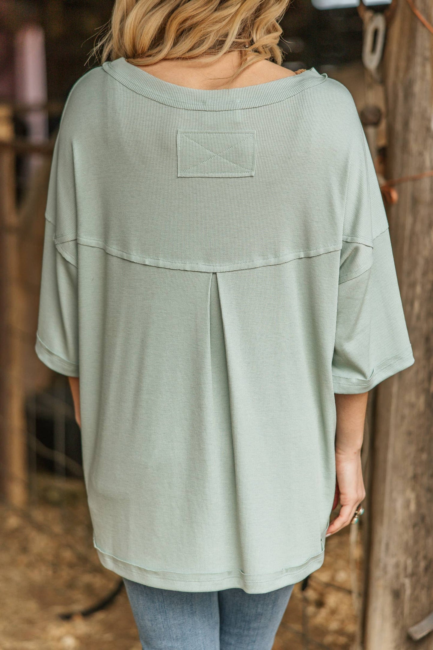 Mint Ribbed Relaxed Boyfriend Shirt w/ Pocket Detail