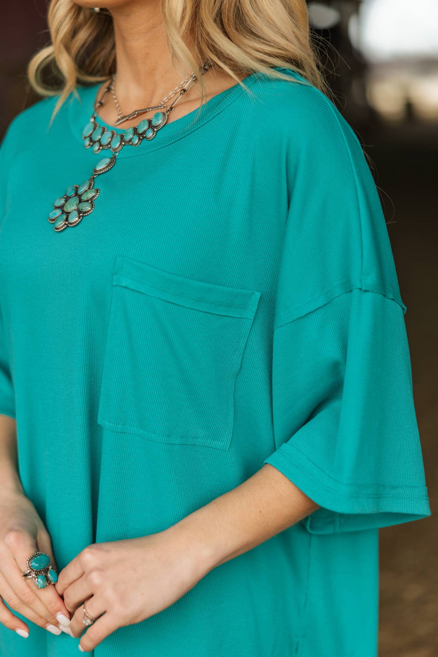 Mint Ribbed Relaxed Boyfriend Shirt w/ Pocket Detail