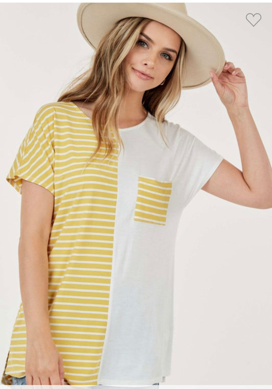 Mustard split stripe and solid top